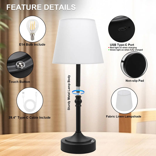 Modern Portable Rechargeable Cordless LED Table Lamp with Touch Control and Fabric Shade 3 Color Dimmable Battery Operated Nightstand Lamp for Bedroom Living Room Dining Room and Home Decor
