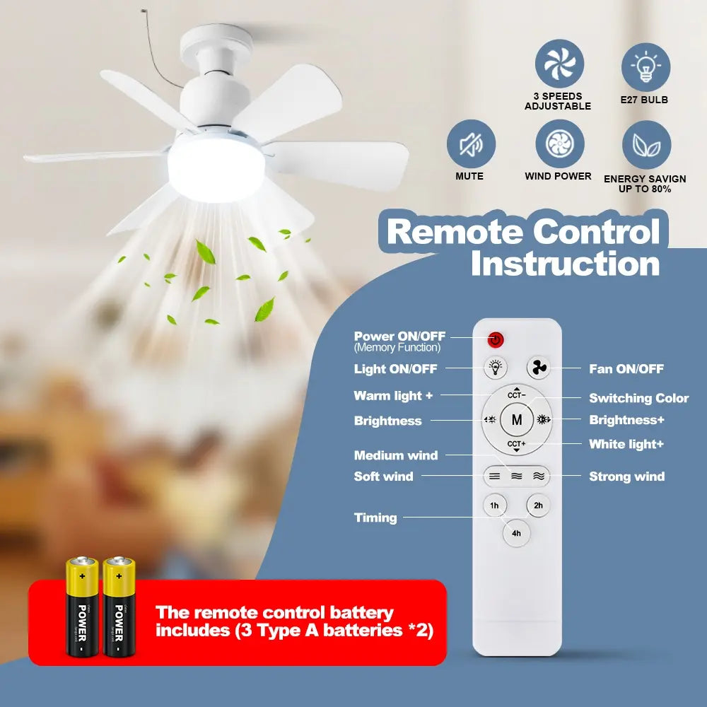 Ceiling Fan Light with Remote Control, E27 3-Speed Adjustable Fan Light, Indoor Lighting for Living Room, Bedroom, Kitchen, Ceiling Lights, Lighting Fixture