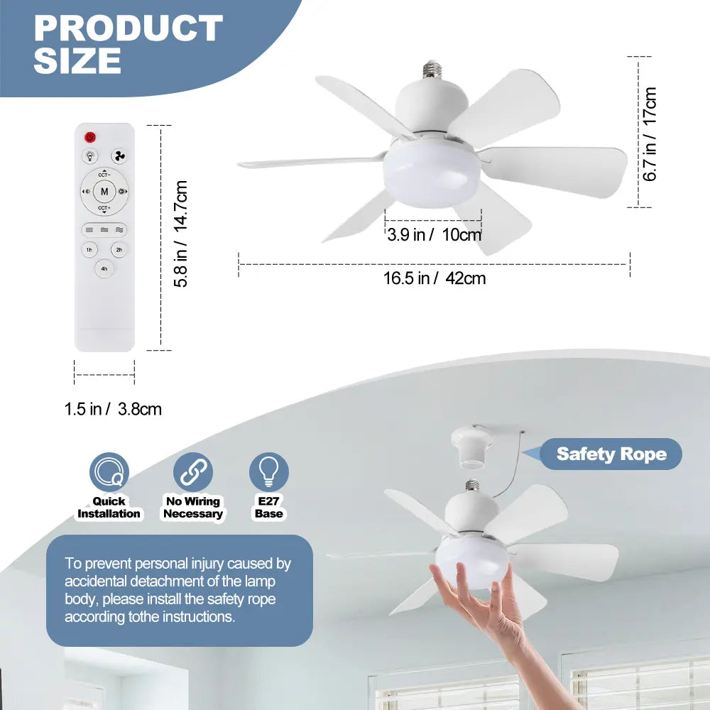 Ceiling Fan Light with Remote Control, E27 3-Speed Adjustable Fan Light, Indoor Lighting for Living Room, Bedroom, Kitchen, Ceiling Lights, Lighting Fixture