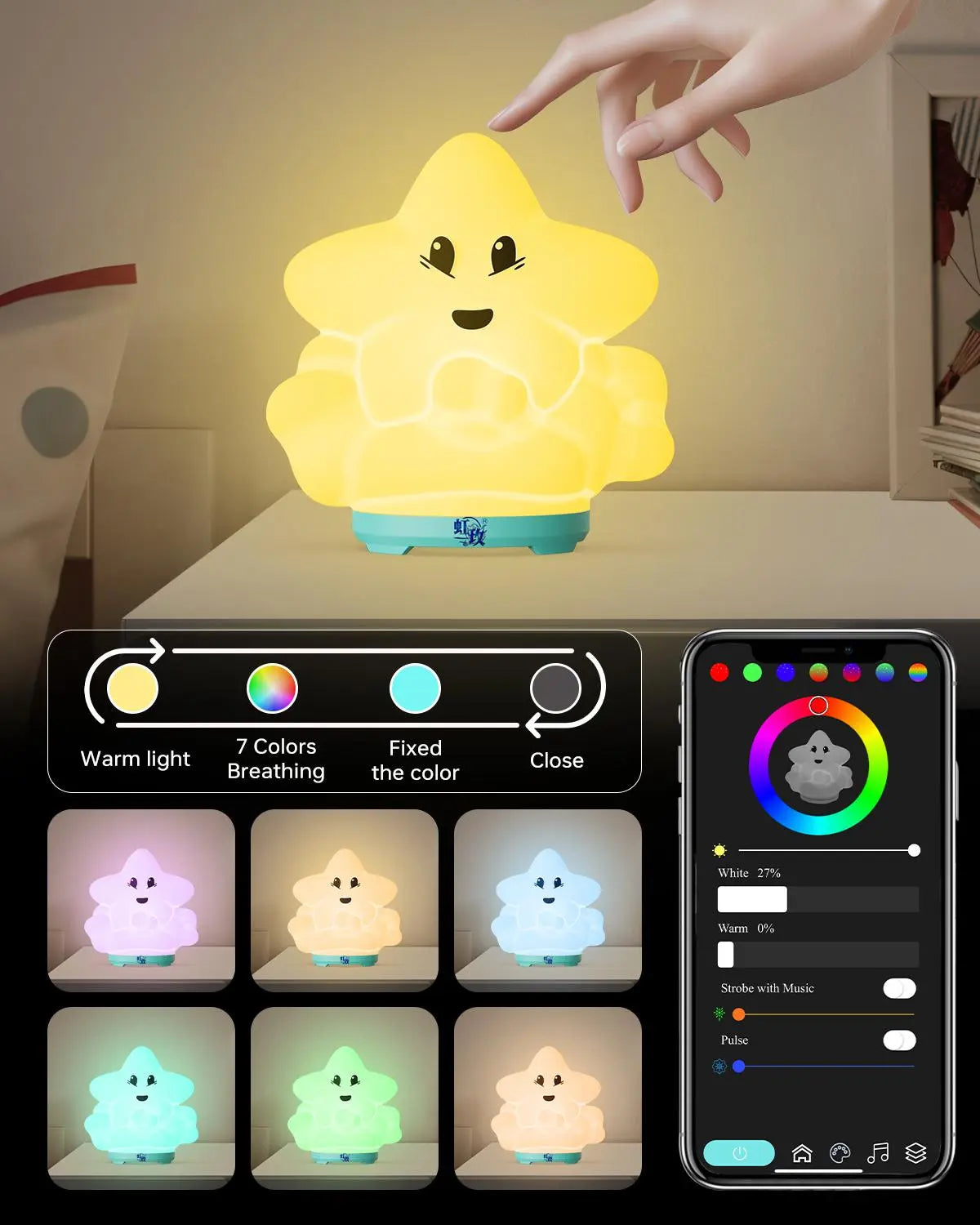 Cute Bluetooth Night Light with App Control - Stepless Dimming, Timer, Colorful Lighting, Bluetooth Music, Ideal for Kids’ Bedrooms & Gift Giving